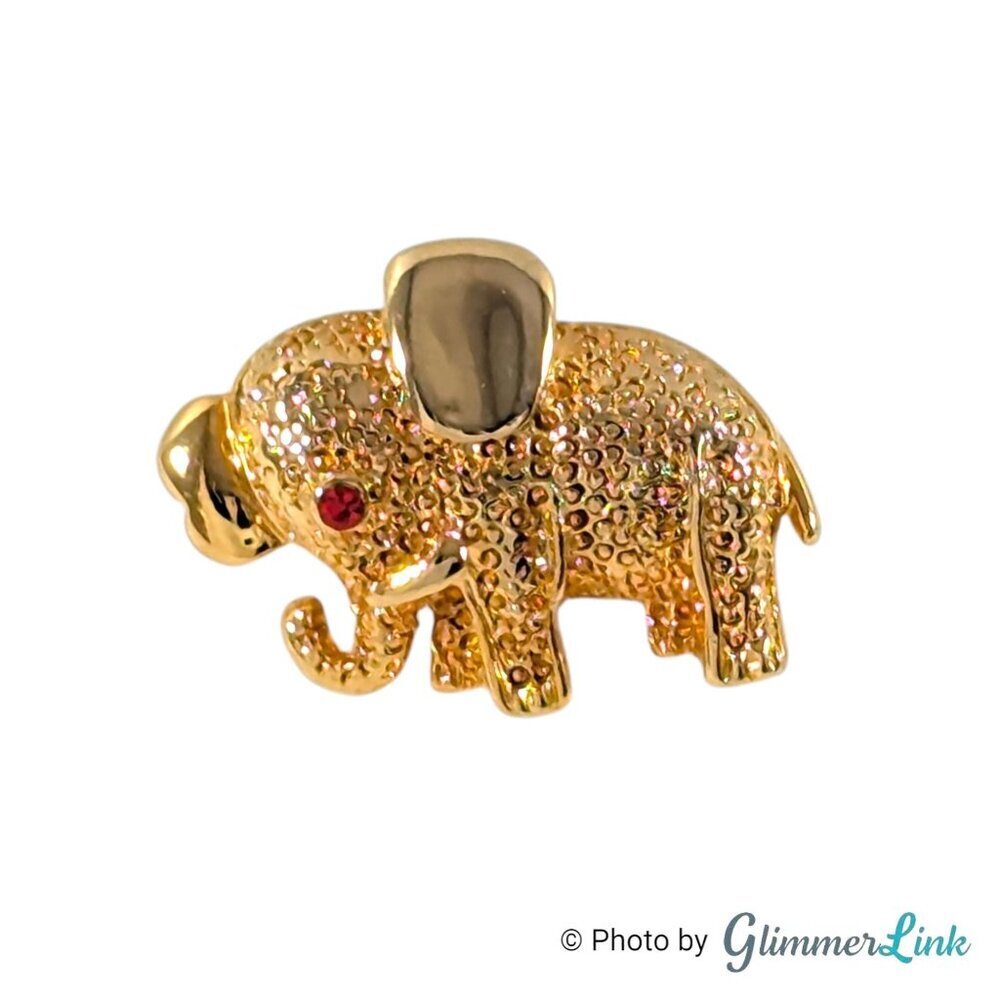 Vintage Gold Tone Elephant Tie Tack or Pin Red Rhinestone Eye